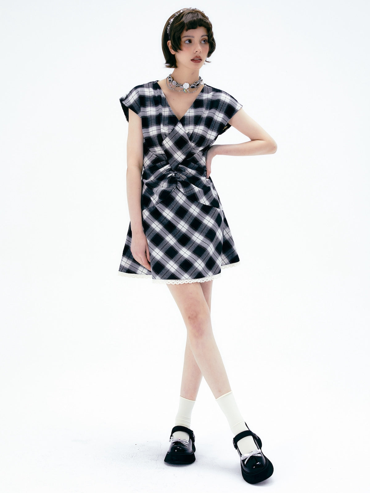 Checked Girly Spitze V-Ausschnitt ein Stück sammeln