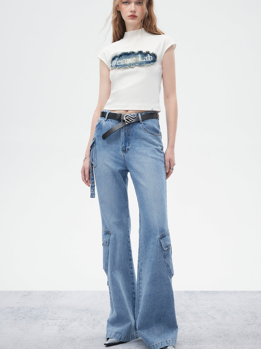 Side-Pocket Belt Denim Flare-Pants