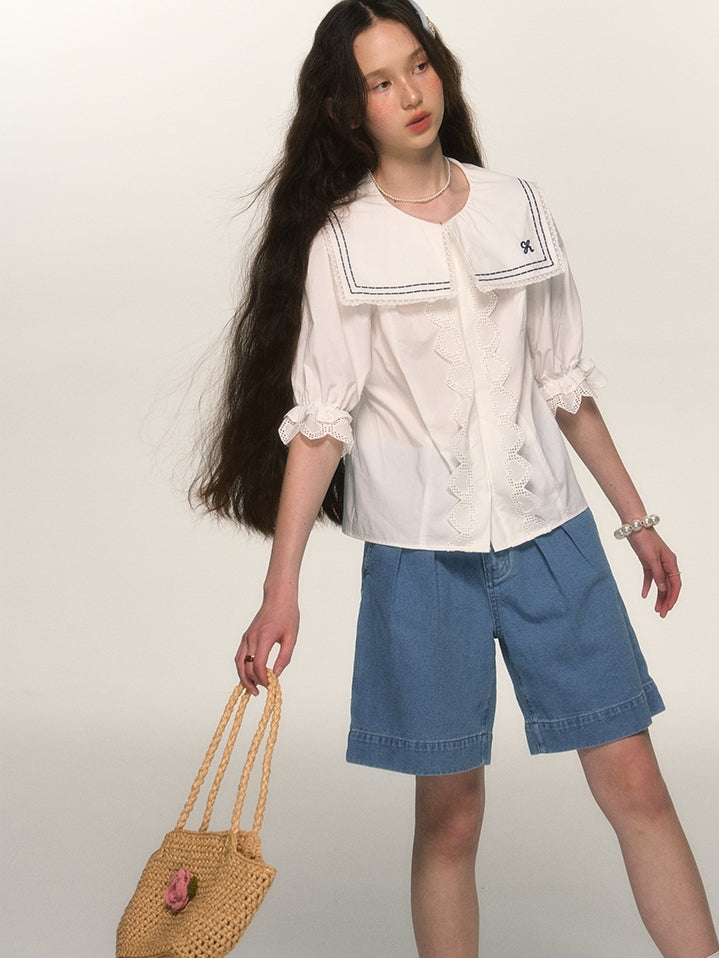Marine Sailor-Collar Lace Candy-Sleeve Blouse