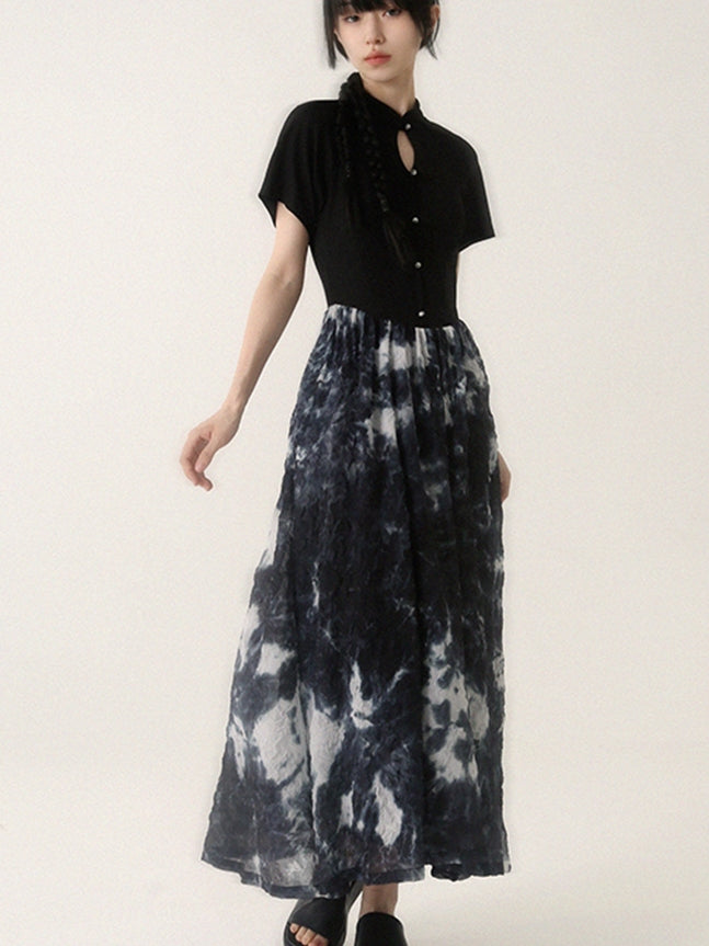 타이 염색 꽃 레이스 반 버튼 긴 일체형