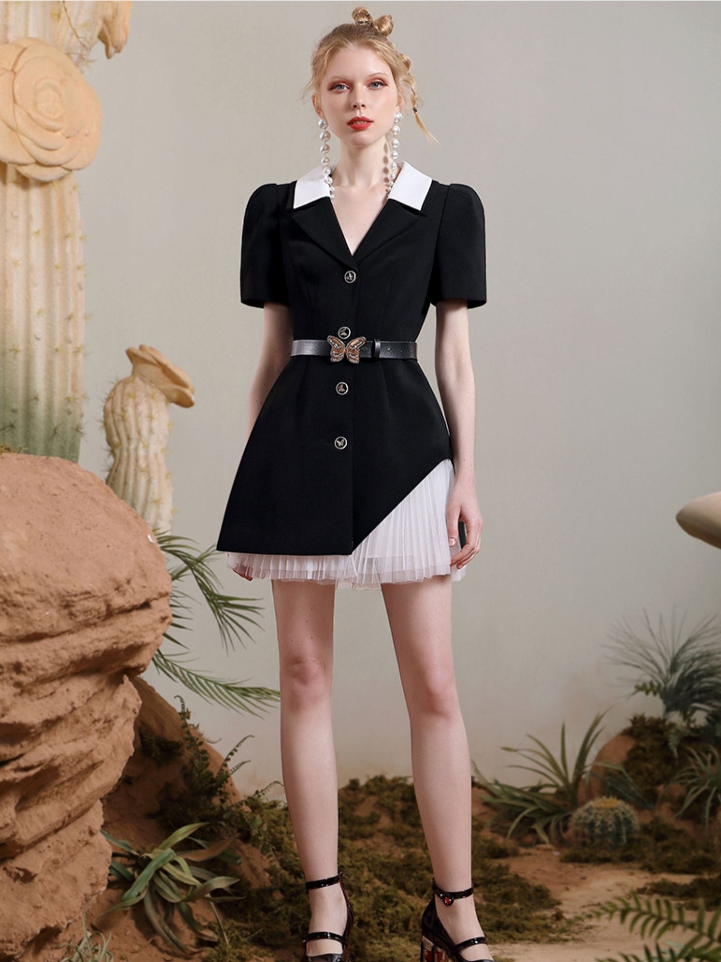 Pleats Tulle Mix V-Neck One-Piece