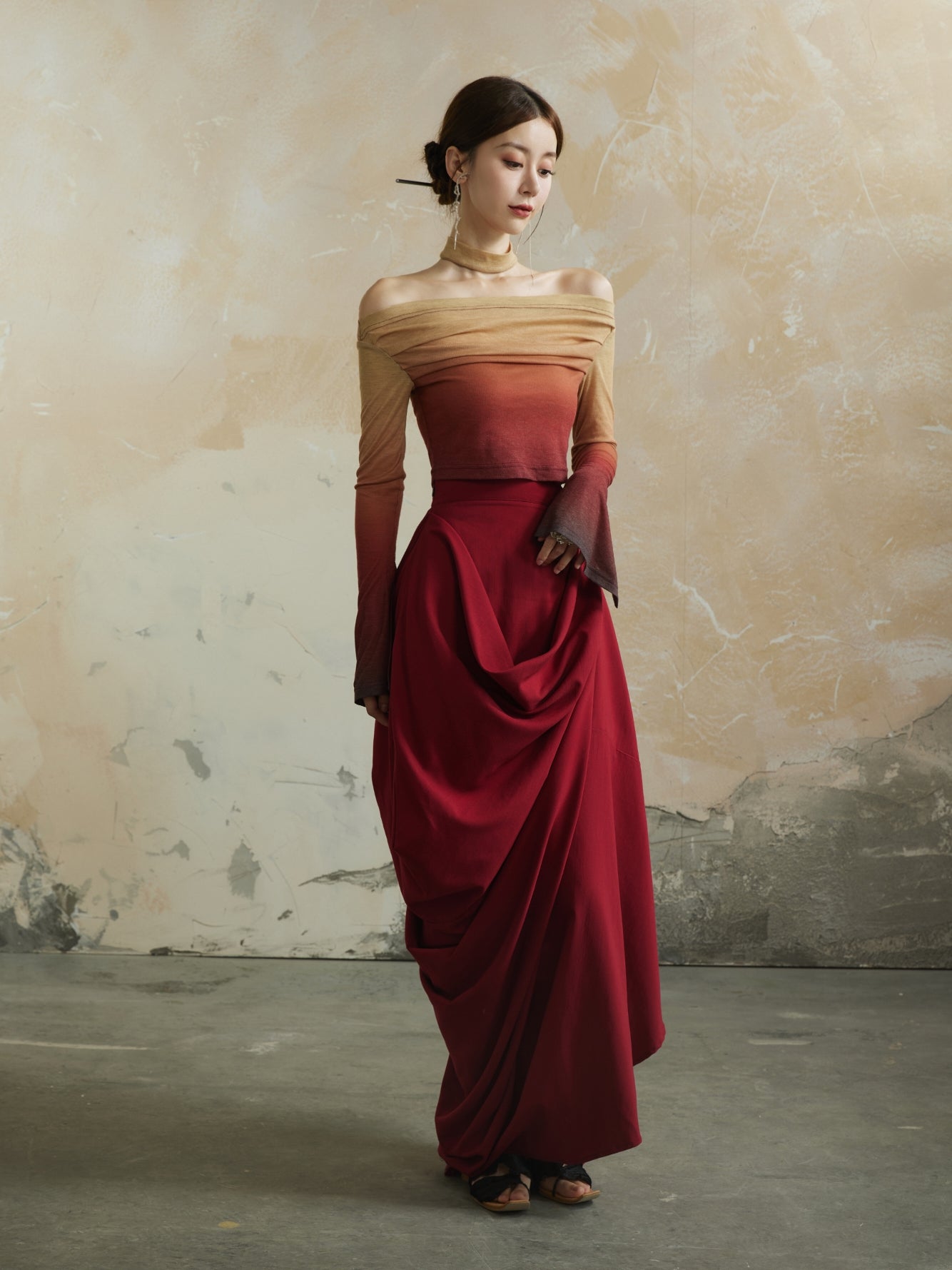 Plain Asymmetry Drape Feminine Elegant Long-Skirt