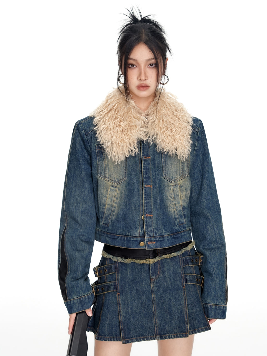 Fur-Collar Casual Classic Faded Denim-Jacket