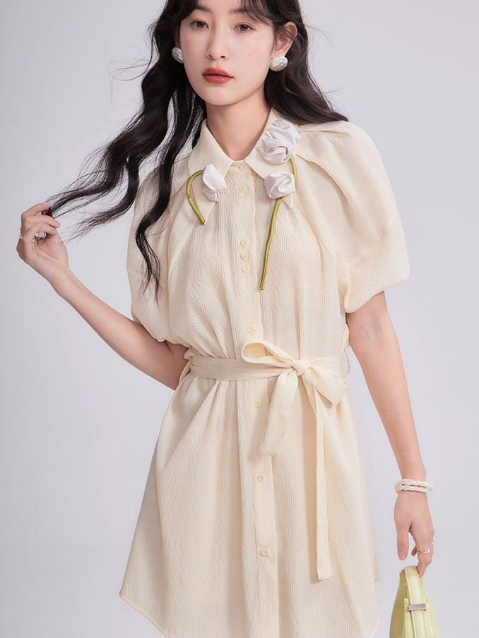 Ballon-Sleeve 3D Flower Natural Mini-One-Piece Long-Shirt