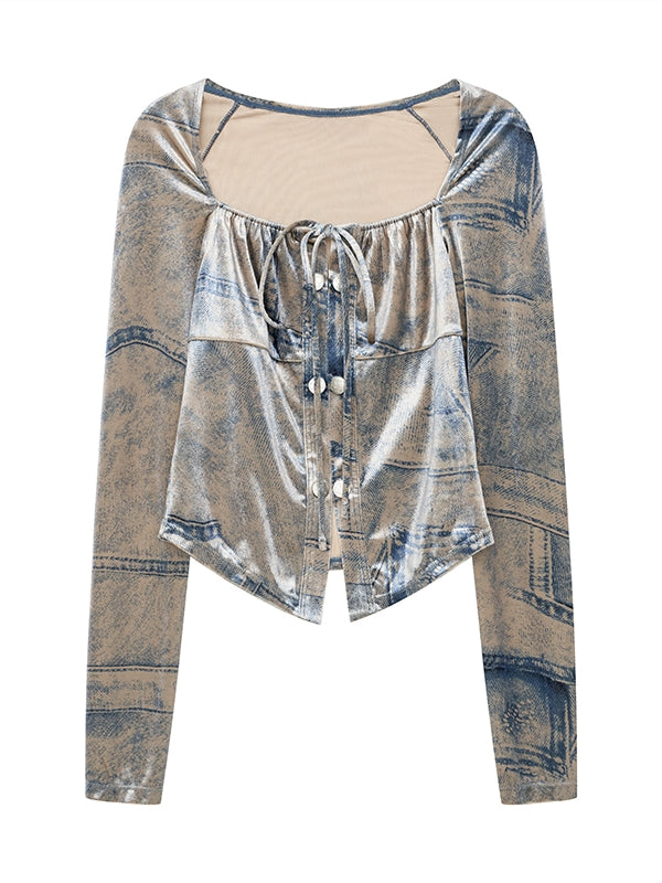 Fake-Denim Velvet Smooth Nichi Set-Up Tops&Long-Skirt