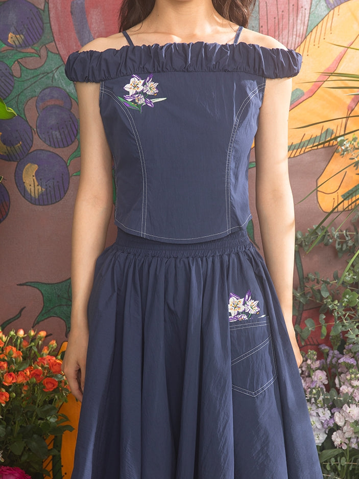 Denim Embroidery Off-Shoulder Pleats Tops&Flare-Slirt