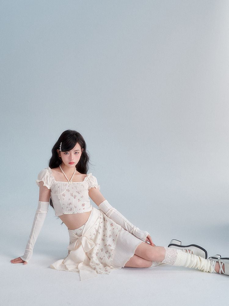 Glove Flower Cropped Fit Frill Ribbon asymmetry Tops & Skirt