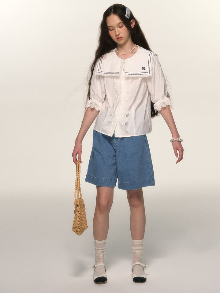 Marine Sailor-Collar Lace Candy-Sleeve Blouse