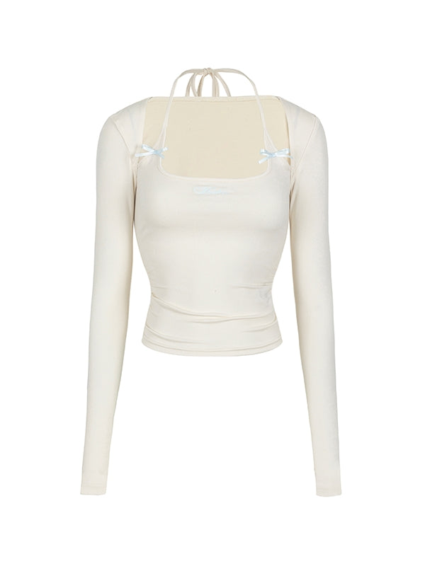 Halter-Neck Ribbon Letter Embroidery Cropped Cutsew