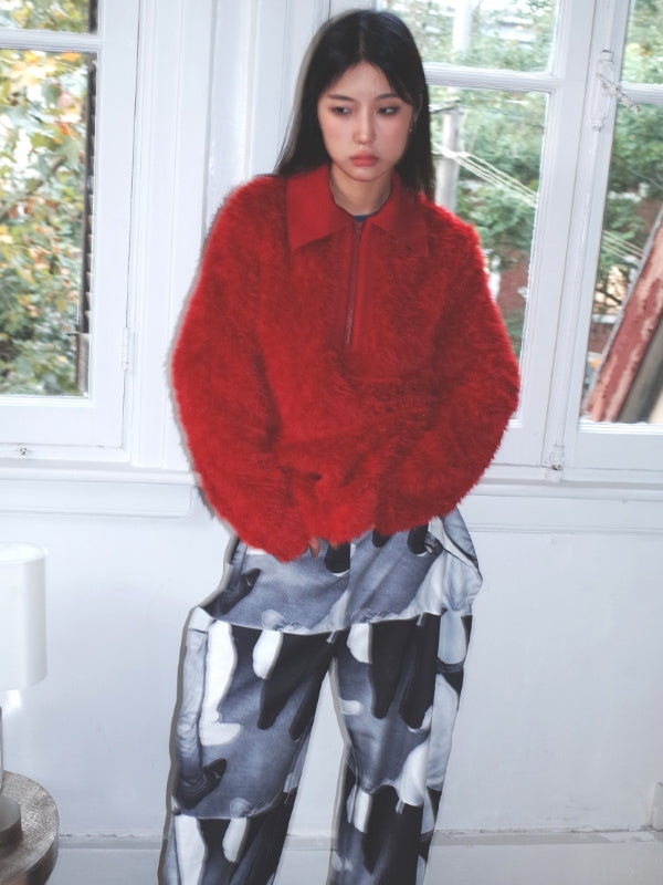 Polo-Neck Fluffily Half-Zip Vivid Loose Mohair-Knit