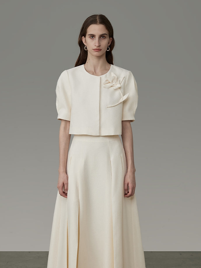 Flower Embroidery Puff-Sleeve Formal Blouse&Long-Skirt