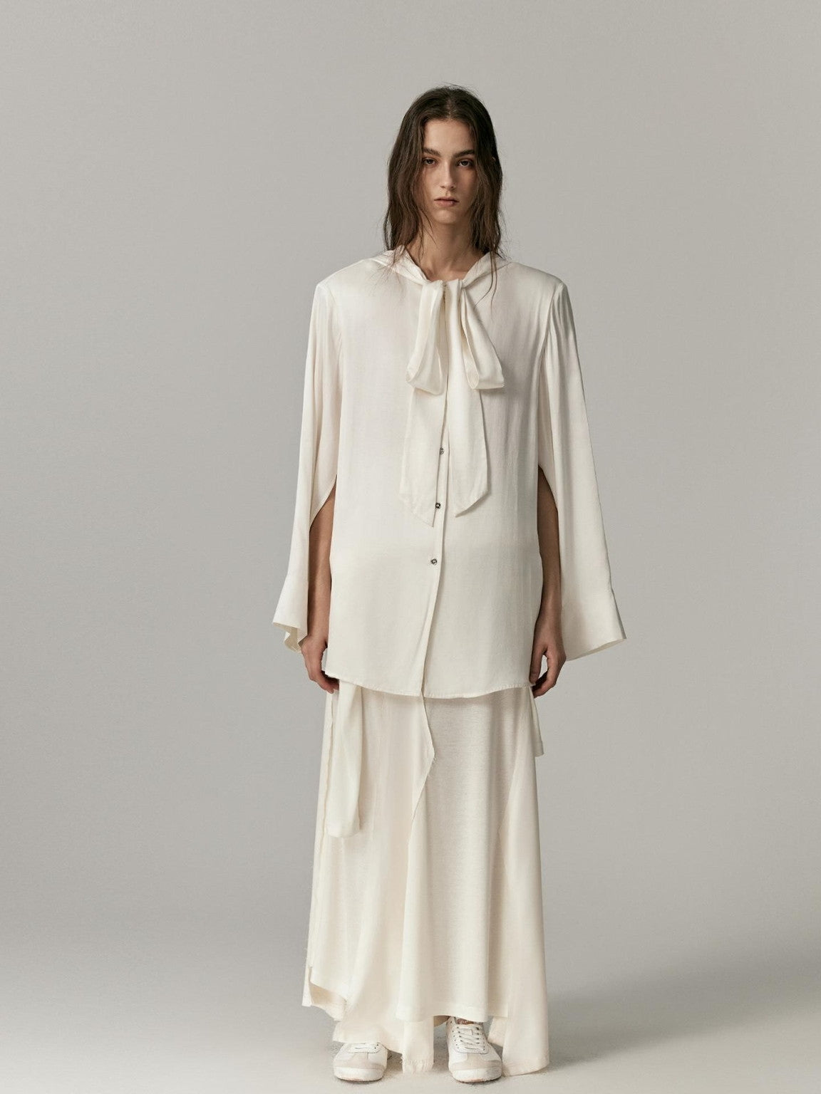 Ribbon-Tie Oversize Cape Blouse