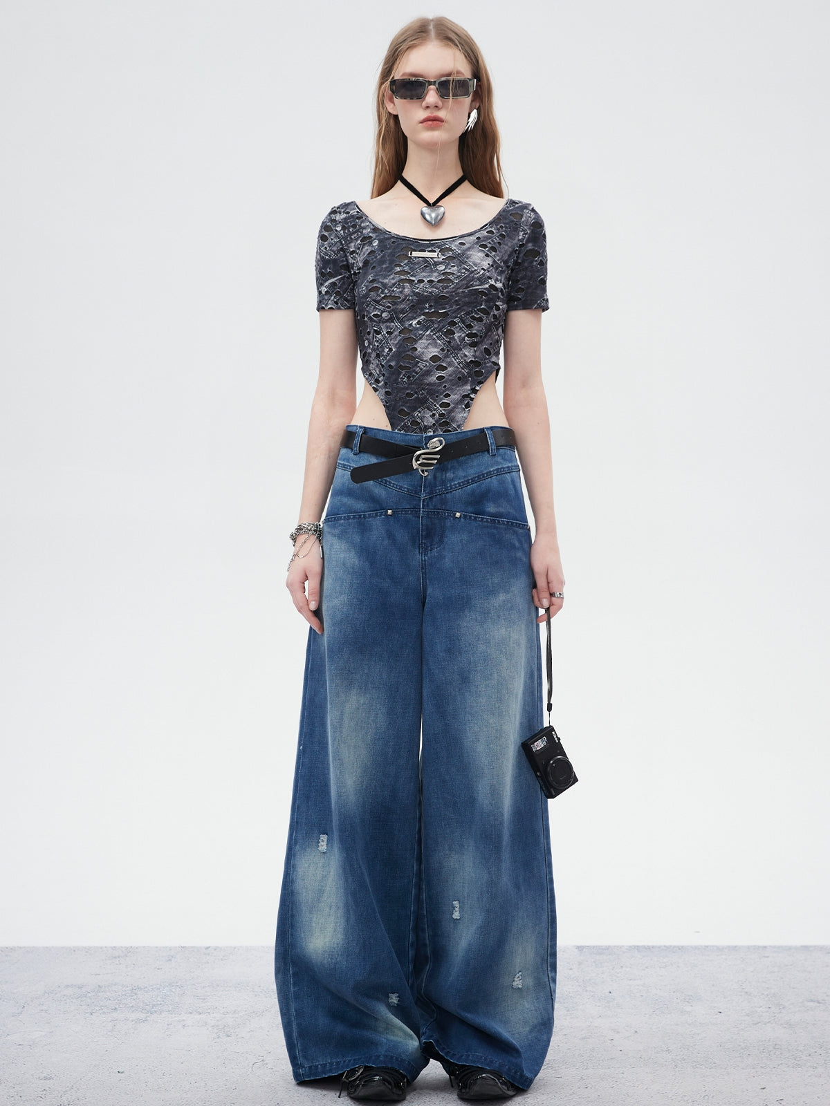 Fake-Denim Unique Damage Body-Suit