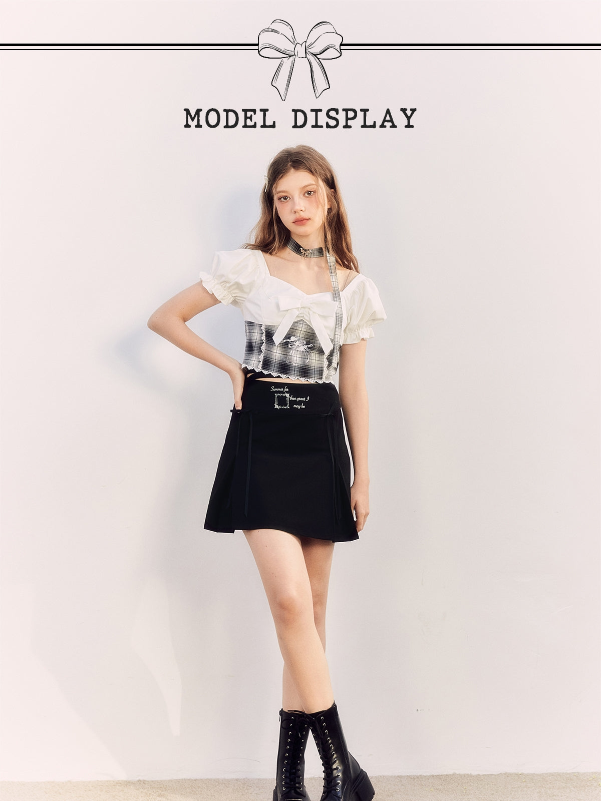 점검 된 레이스 리본 여성용 Bly Blyse & Mini-Skirt