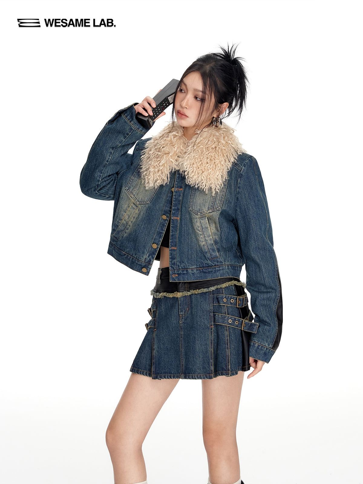Fur-Collar Casual Classic Faded Denim-Jacket