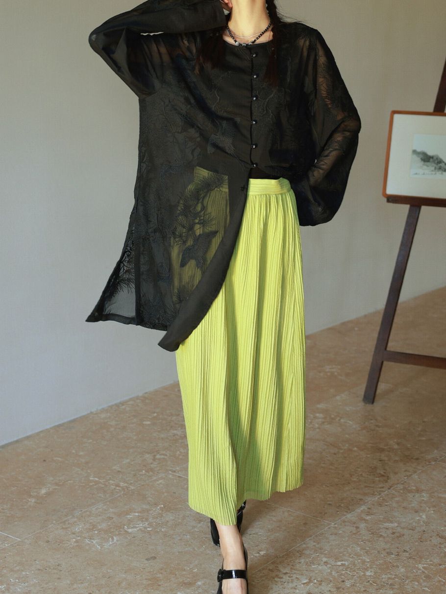 Crumply Pleats Simple Retro Long-Skirt