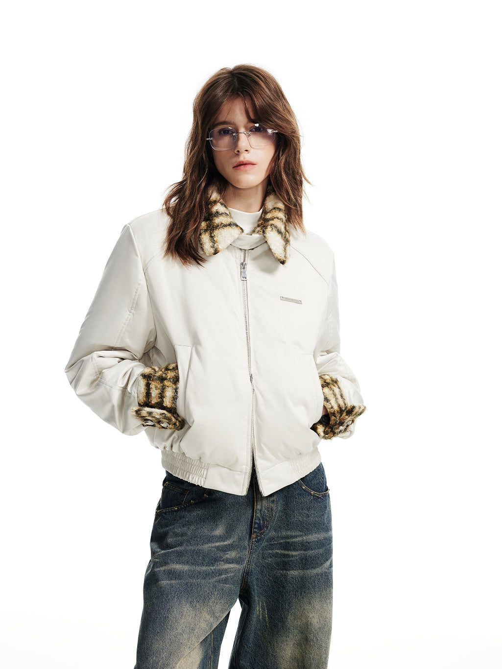 Checked Retro Boa*Collar Middle Down-Jacket