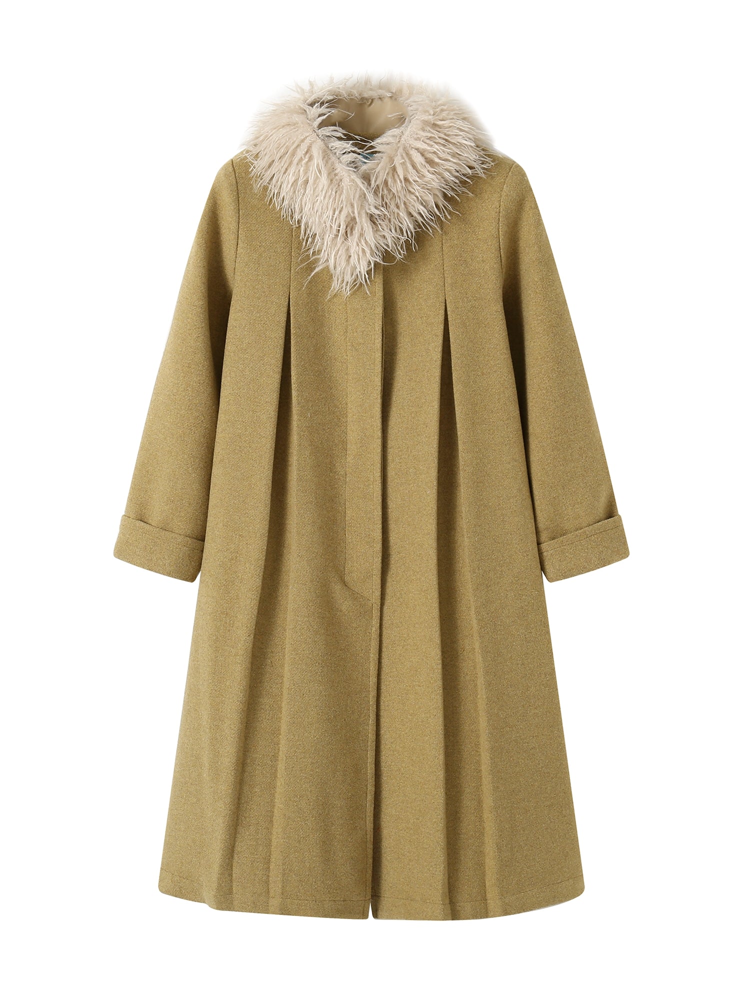 Fur-Collar Plain Flare Simple Elegant Long-Coat