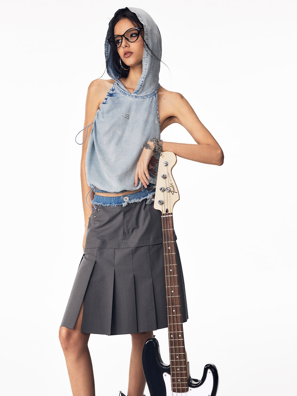 Drawstring Denim Hoodie Nichi Sleeveless Tops&Skirt
