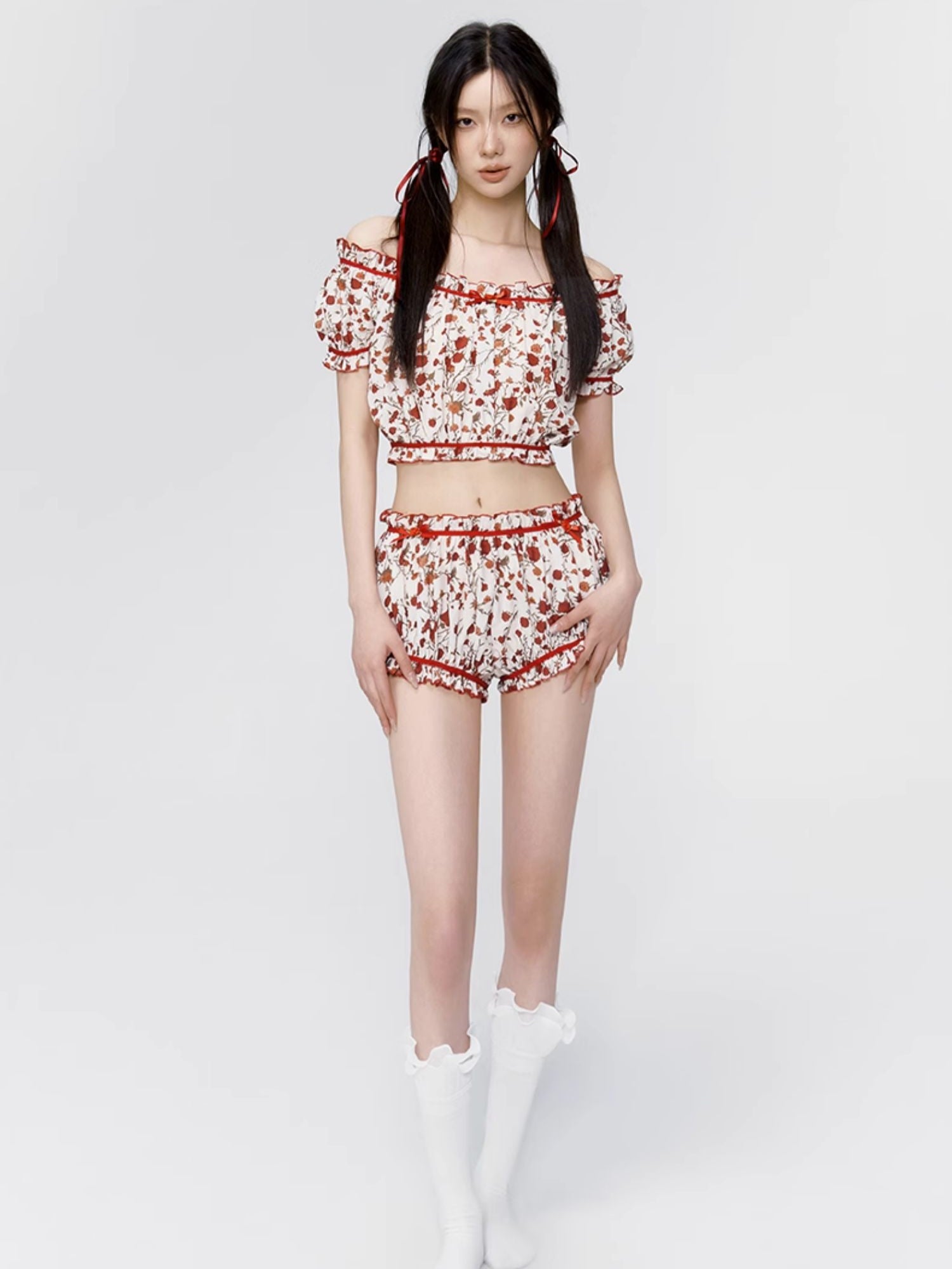 Colorfer niedlich girly Off-Shouder-Frillbluse & Kurzhähnen