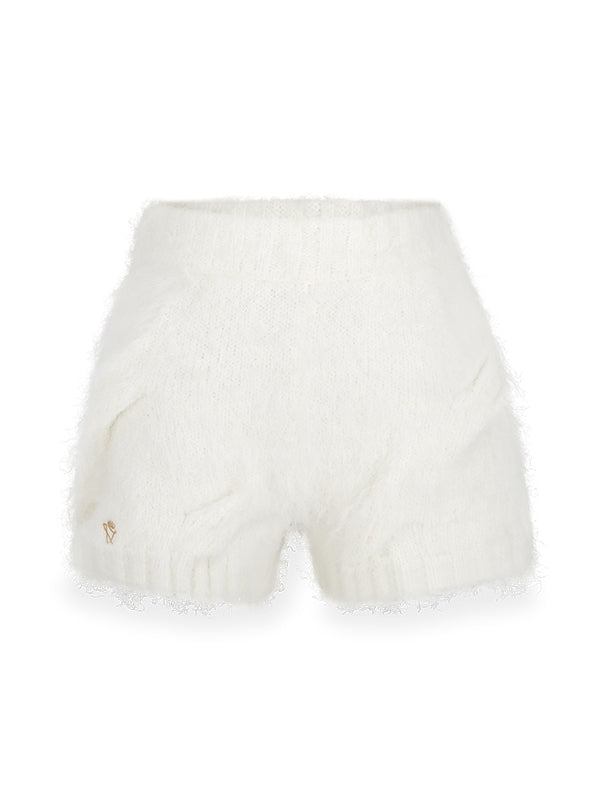 Mohair-Knit Casual Fluffily Hoodie Parka&Short-Pants