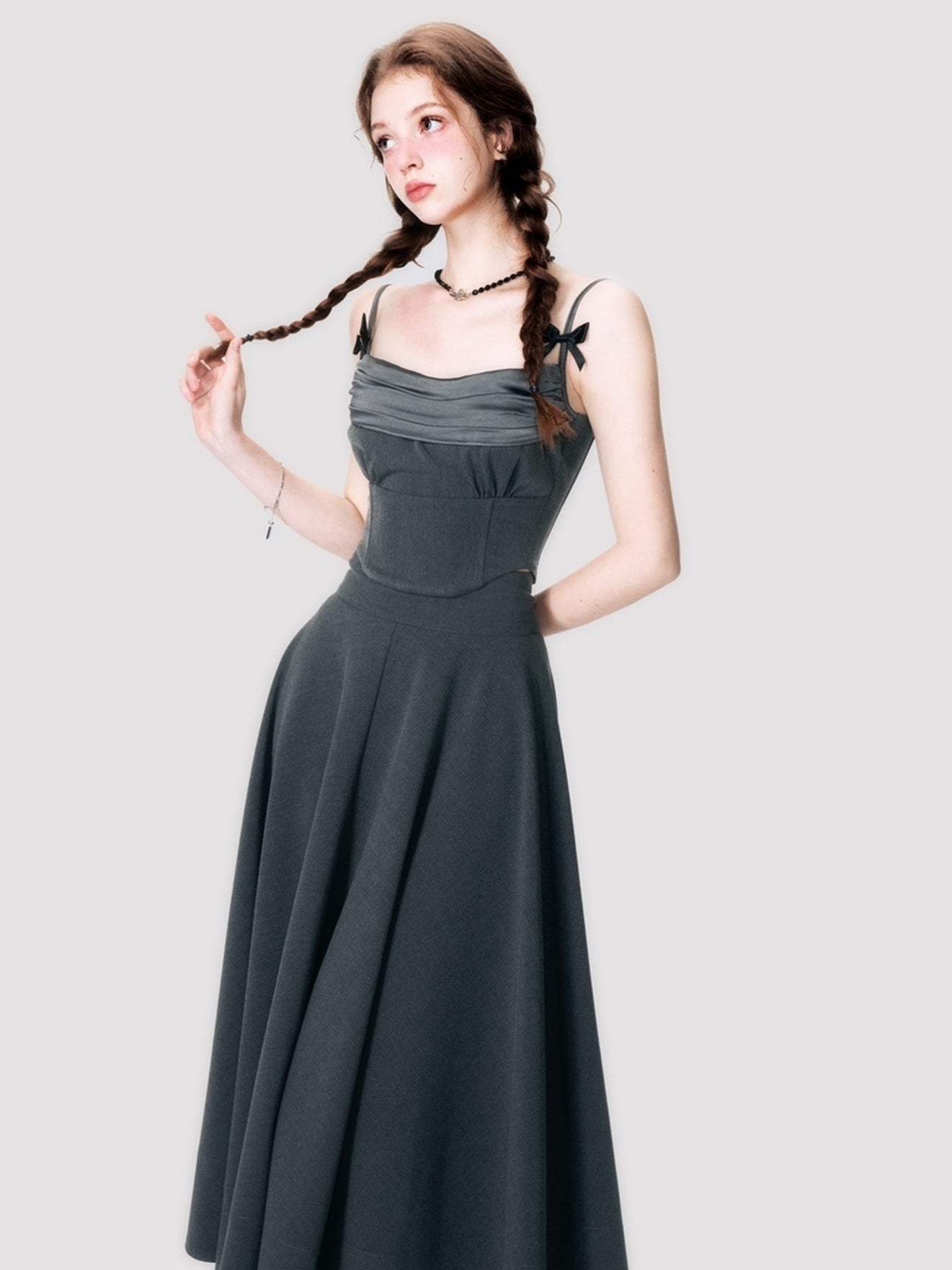 Ribbon Tight Simple Plain Camisole&Long-Skirt
