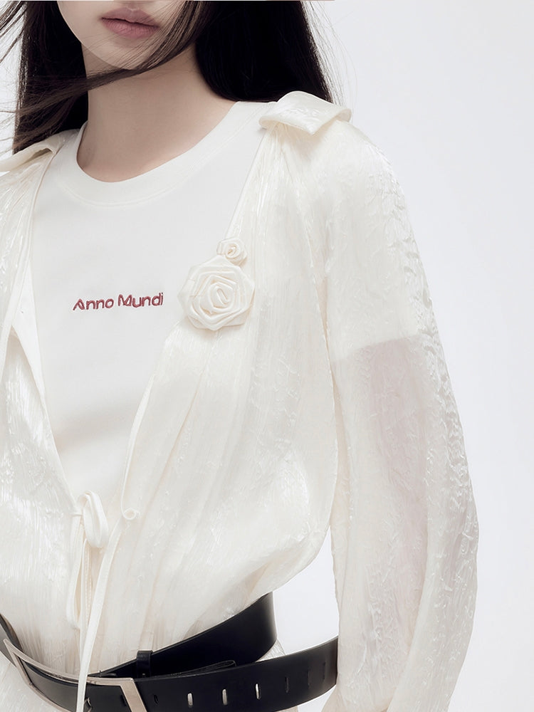 광택 장미 깎아 지른 자수 셔츠