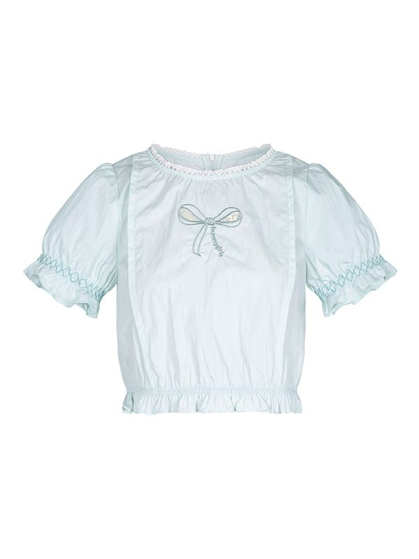 Natural Ribbon Candy-Sleeve Natural Blouse&Long-Skirt