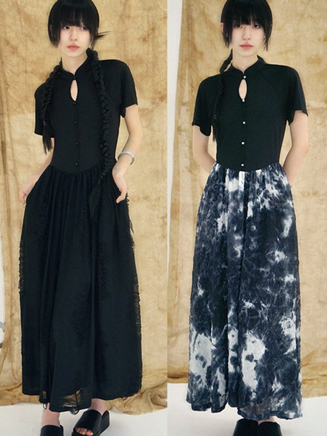 타이 염색 꽃 레이스 반 버튼 긴 일체형