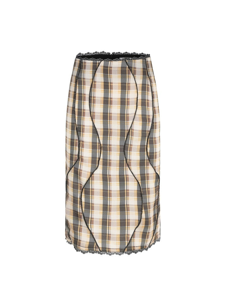 Checked Girly Asymmetry One-Shoulder Puff-Sleeve Lace Blouse&Skirt