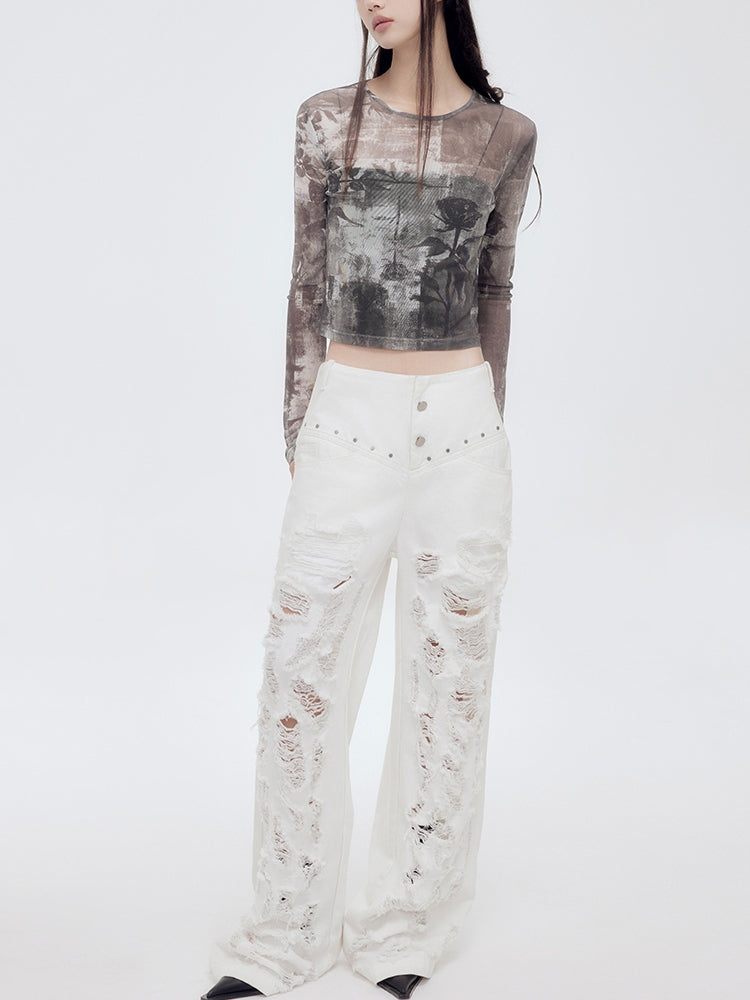 스터드 스터드 캐주얼 넓은 바지가 손상됩니다