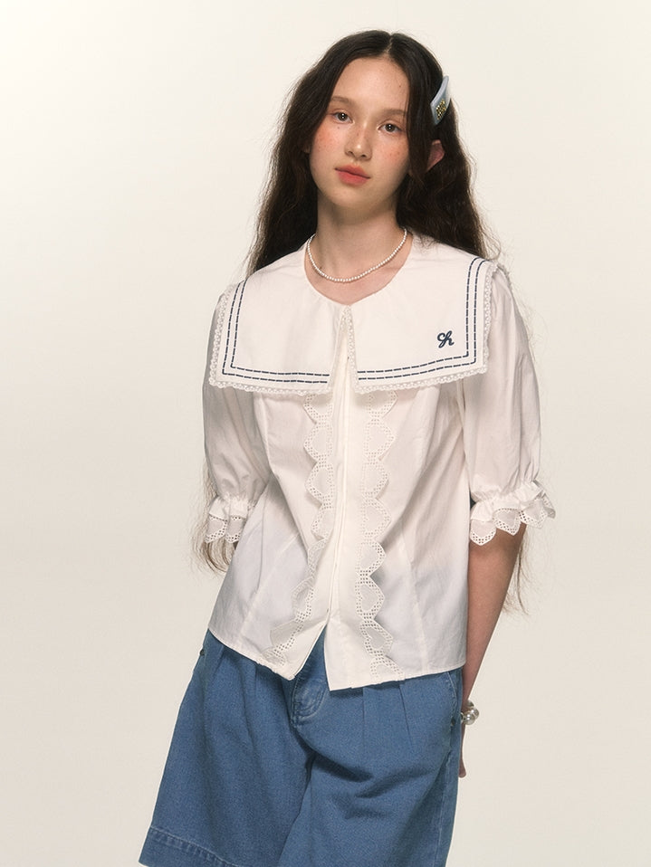 Marine Sailor-Collar Lace Candy-Sleeve Blouse