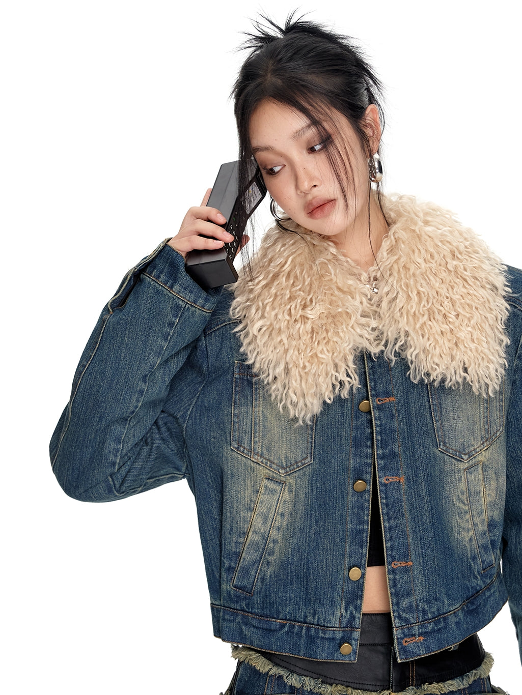 Fur-Collar Casual Classic Faded Denim-Jacket