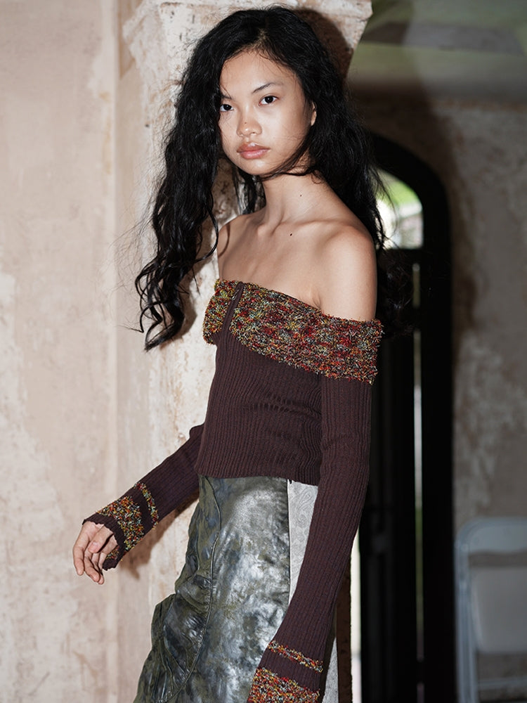 암커버 컬러풀한 오프숄더 지퍼 유니크 니트