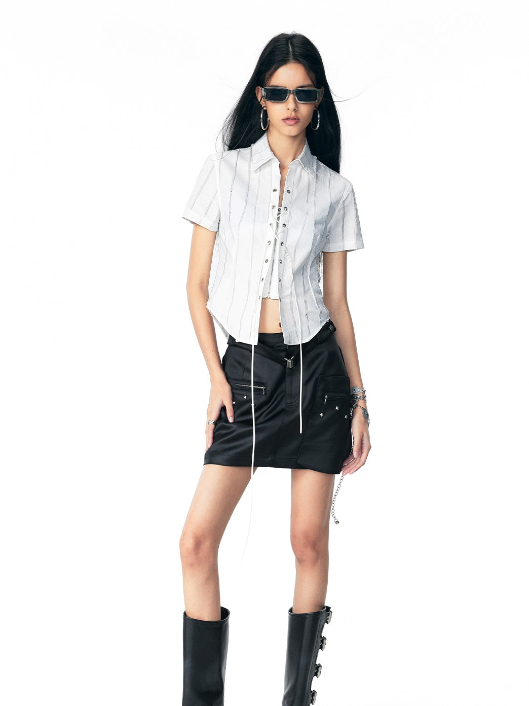 Stripe Lace-Up Short Slim Shirt