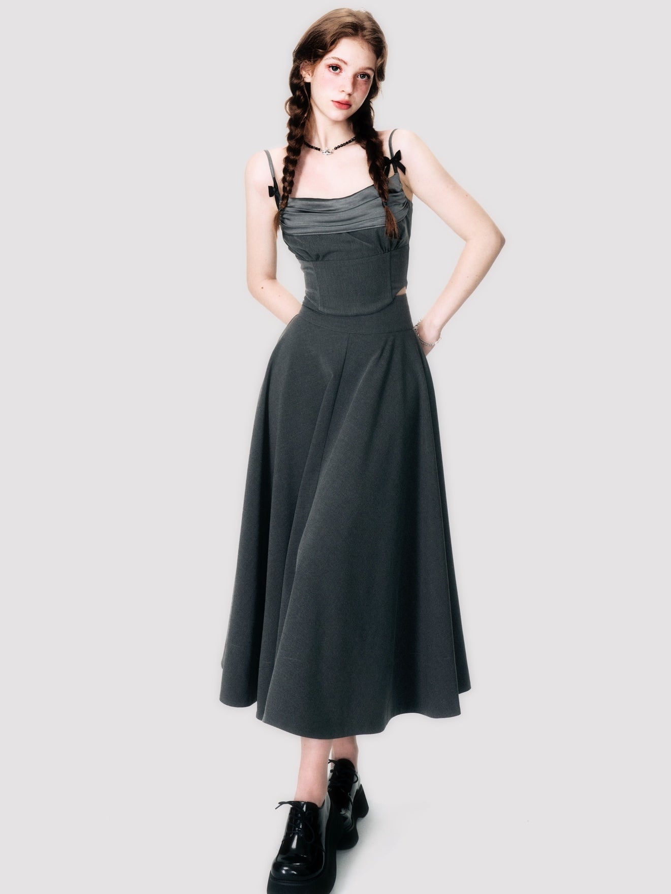Ribbon Tight Simple Plain Camisole&Long-Skirt