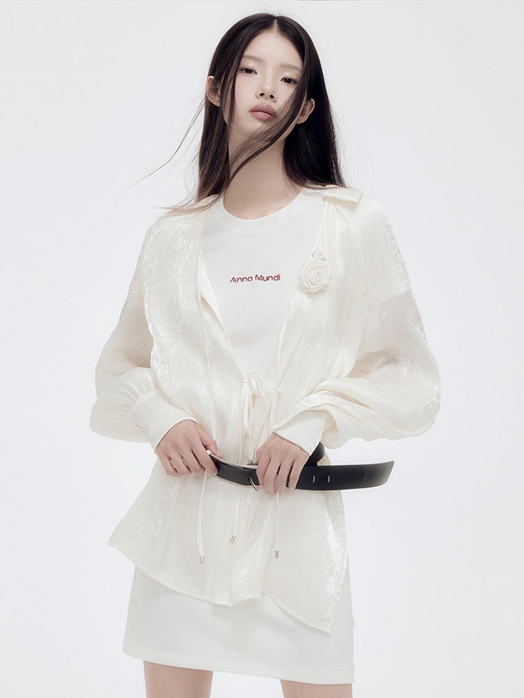 광택 장미 깎아 지른 자수 셔츠