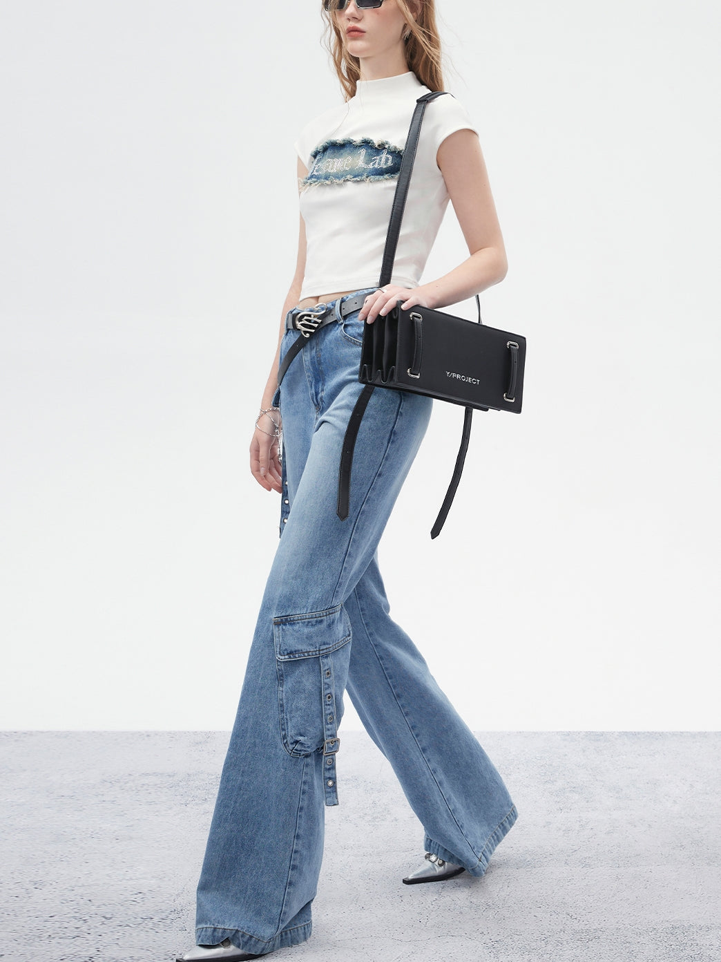 Side-Pocket Belt Denim Flare-Pants