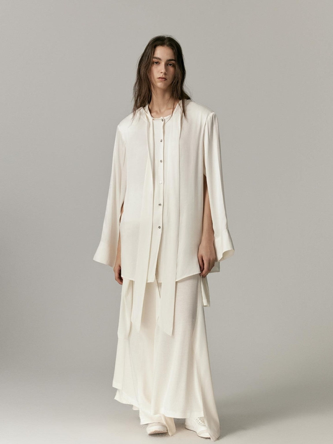 Ribbon-Tie Oversize Cape Blouse