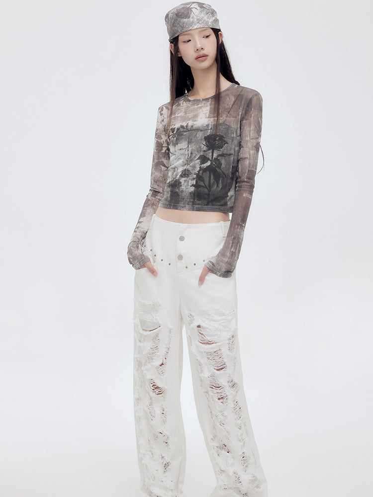 스터드 스터드 캐주얼 넓은 바지가 손상됩니다