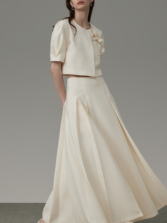 Flower Embroidery Puff-Sleeve Formal Blouse&Long-Skirt