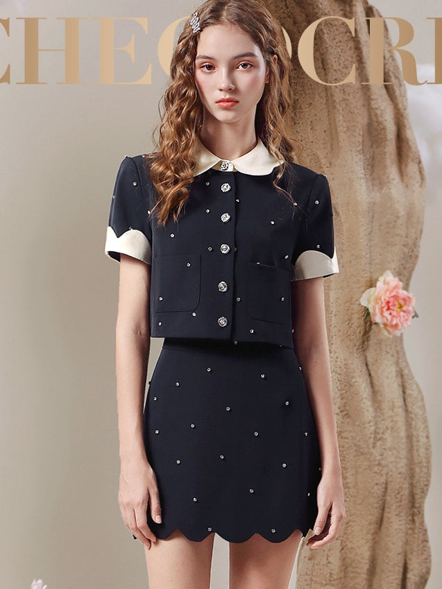 Blouse＆Mini-Skirt Bijou Scallop Contrast Chic Set-Up