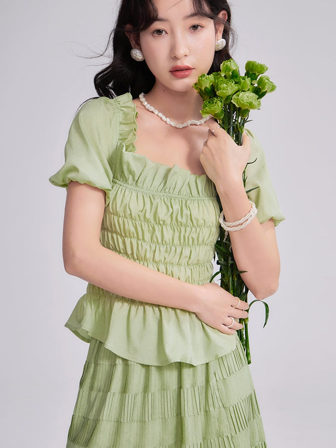 Gather Frill Puff-Sleeve Peplum Chic Blouse&Long-Skirt