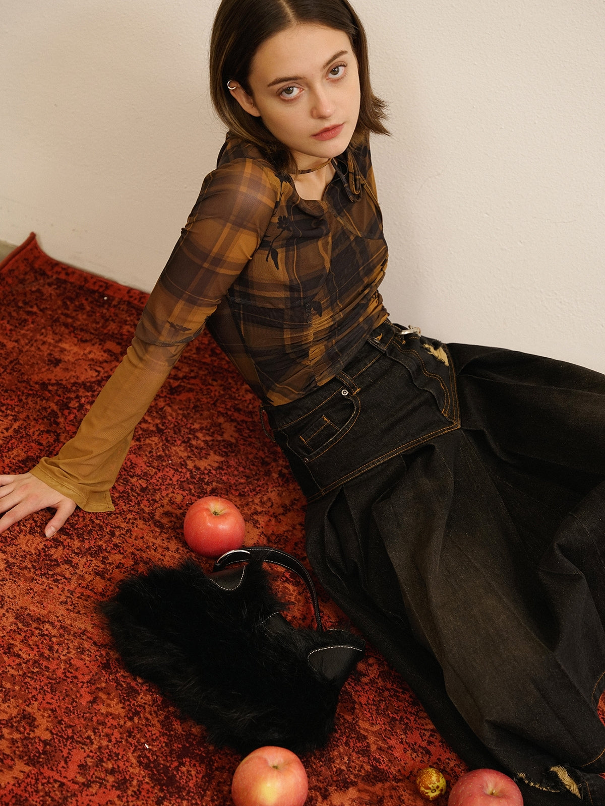 Gather Retro Checked Thin Girly Cutsew