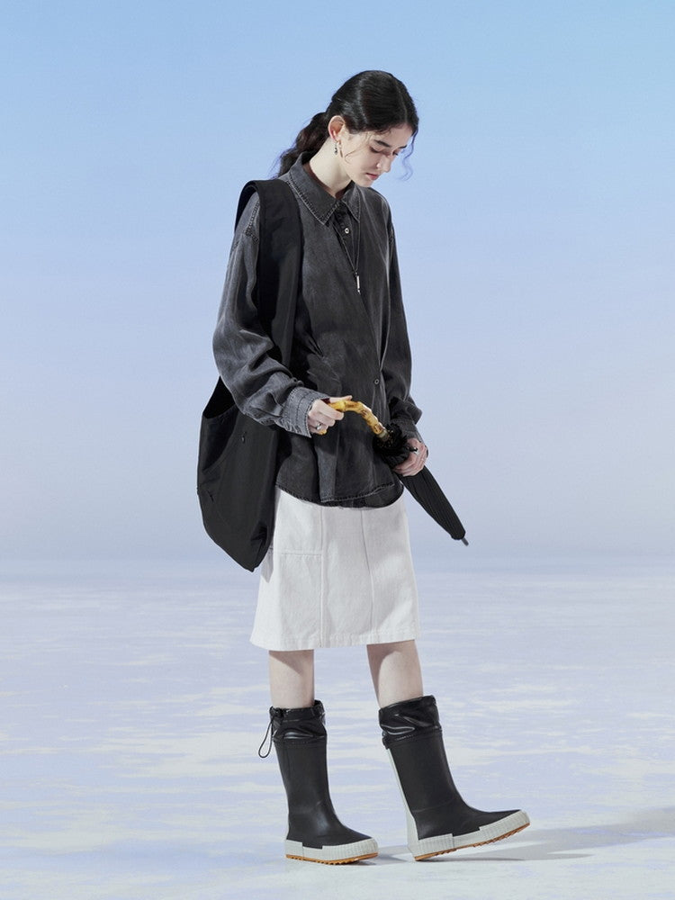 데님 비대칭 드레이프 니치 씻기 셔츠
