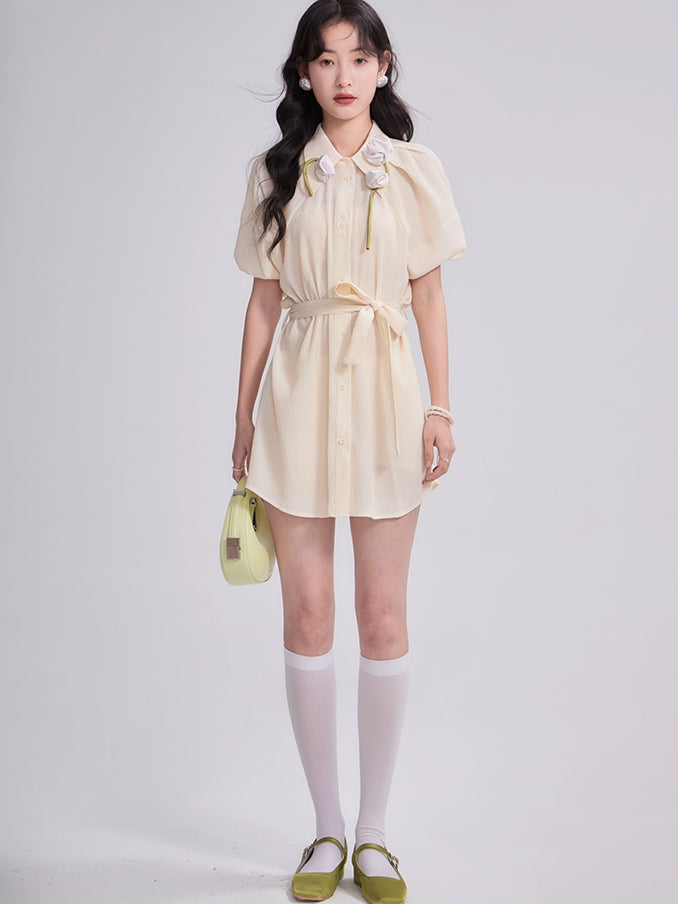 Ballon-Sleeve 3D Flower Natural Mini-One-Piece Long-Shirt