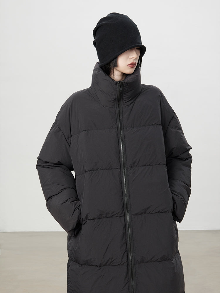 Stand-Neck Plain Long-Coat Down-Coat