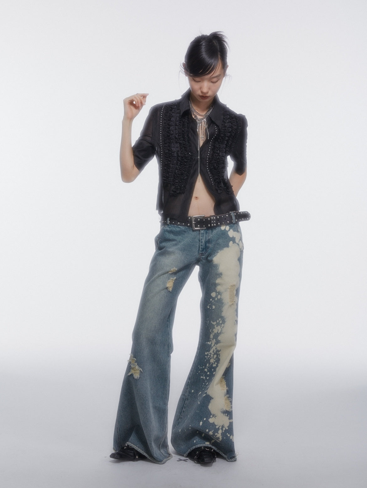 쉬어 레이스 펄 프릴 블라우스