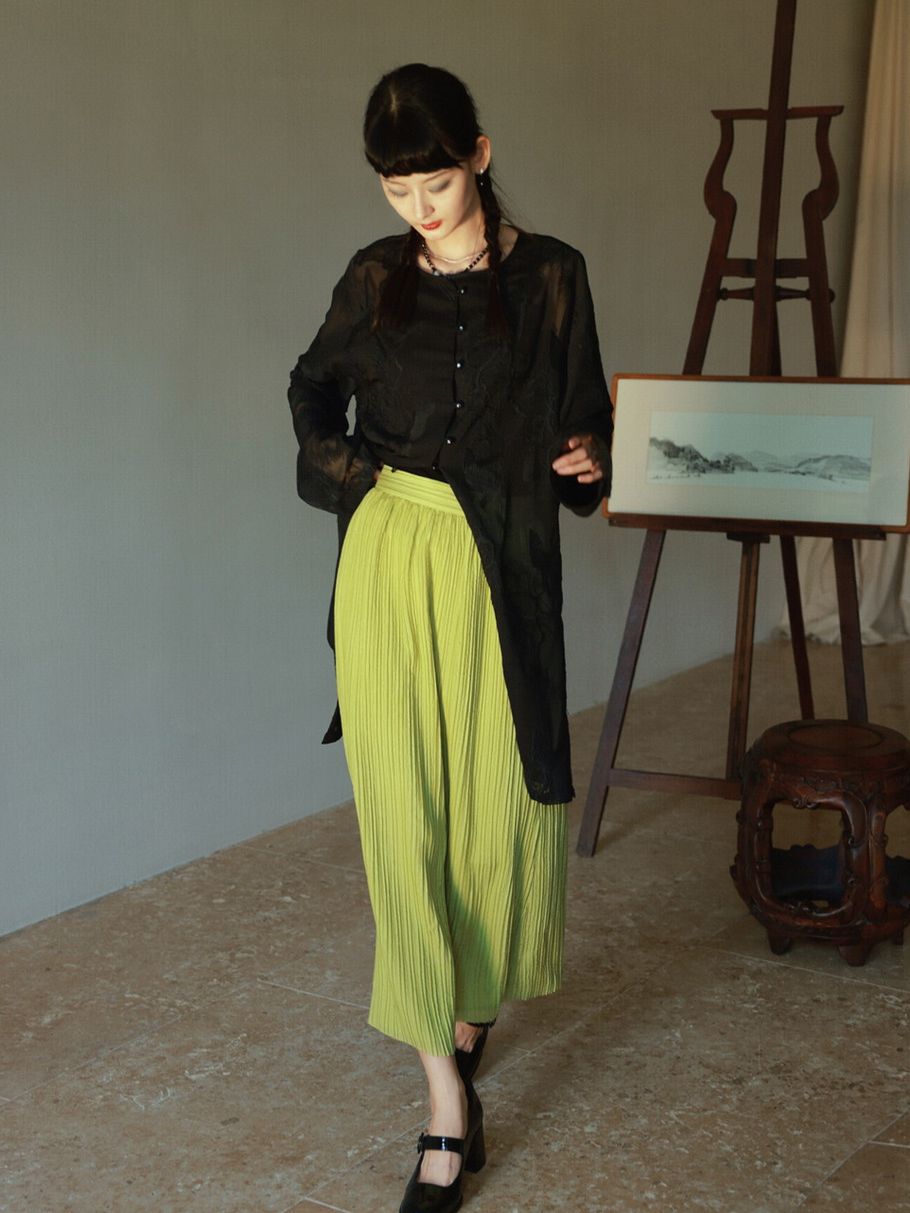 Crumply Pleats Simple Retro Long-Skirt