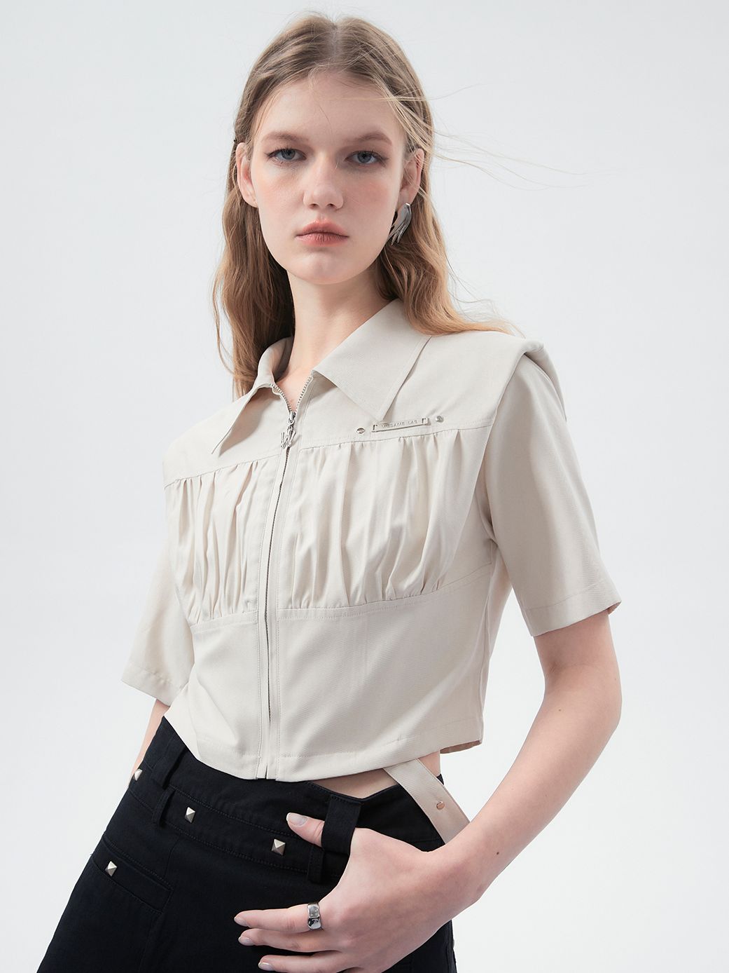 Zip Cropped Nichi Plain Shirt